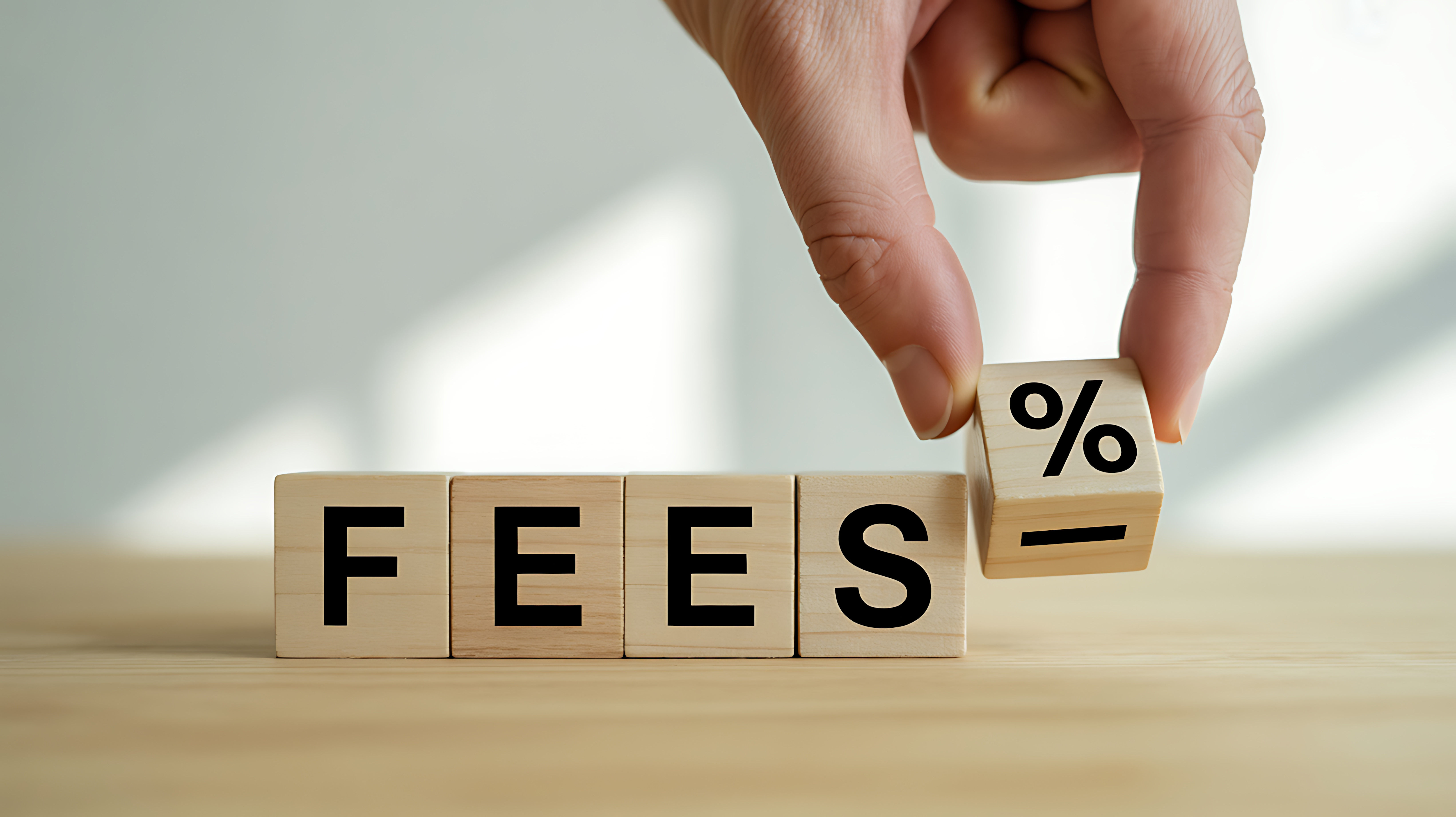 Hand placing a wooden block with a percentage sign and minus symbol onto the word fees representing fee reduction or discount